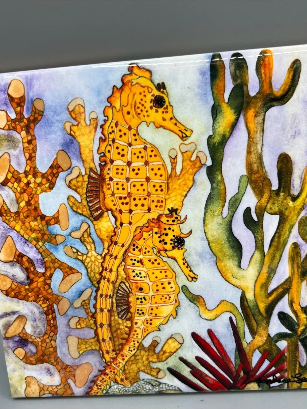 RARE CANDACE LEE Set 2 Ceramic/Cork Tiles Visions of the Tropics Turtles Hawaii